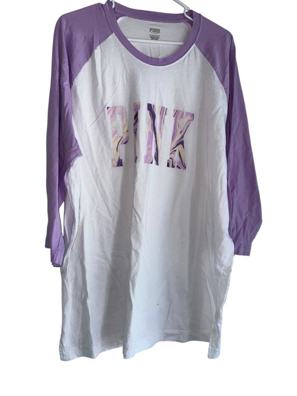 Pink By Victorias Secret Campus Baseball Tee Sz XXL White Lavender Athleisure